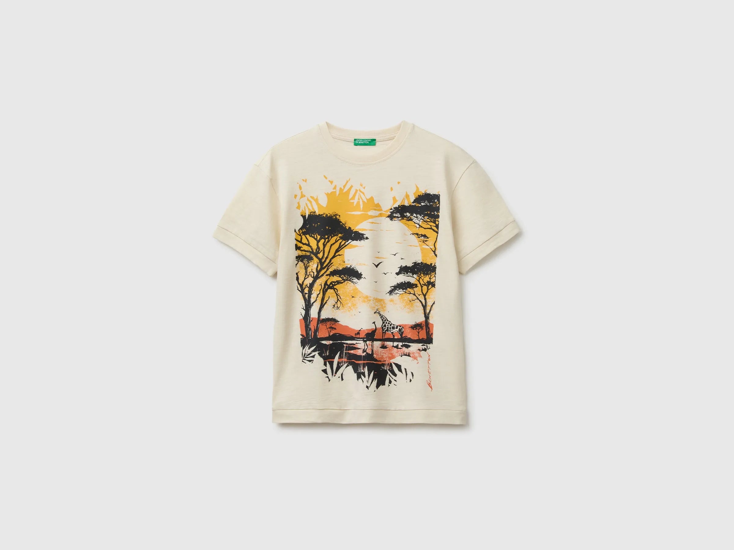 Benetton Beige Boys Crew Neck T-Shirt with Print SKU: 3SDLC10TU_3C9 Image 01