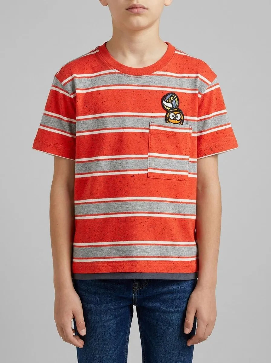 Benetton Red Boys Striped T-Shirt with Patch SKU: 3T52G10MI_901 Image 00