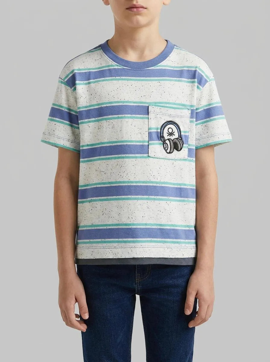 Benetton Light Blue Boys Striped T-Shirt with Patch SKU: 3T52G10MI_903 Image 00