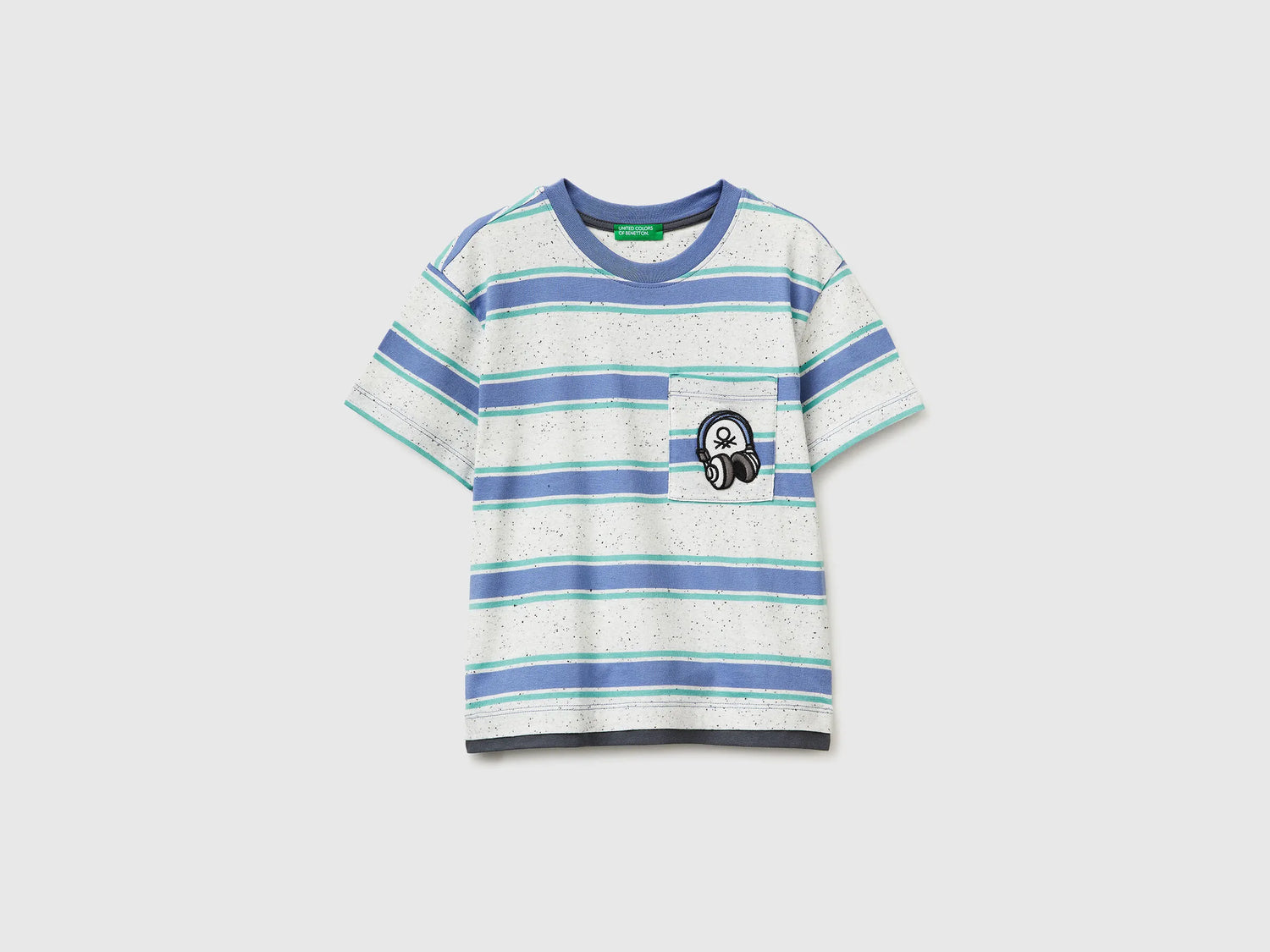 Benetton Light Blue Boys Striped T-Shirt with Patch SKU: 3T52G10MI_903 Image 01