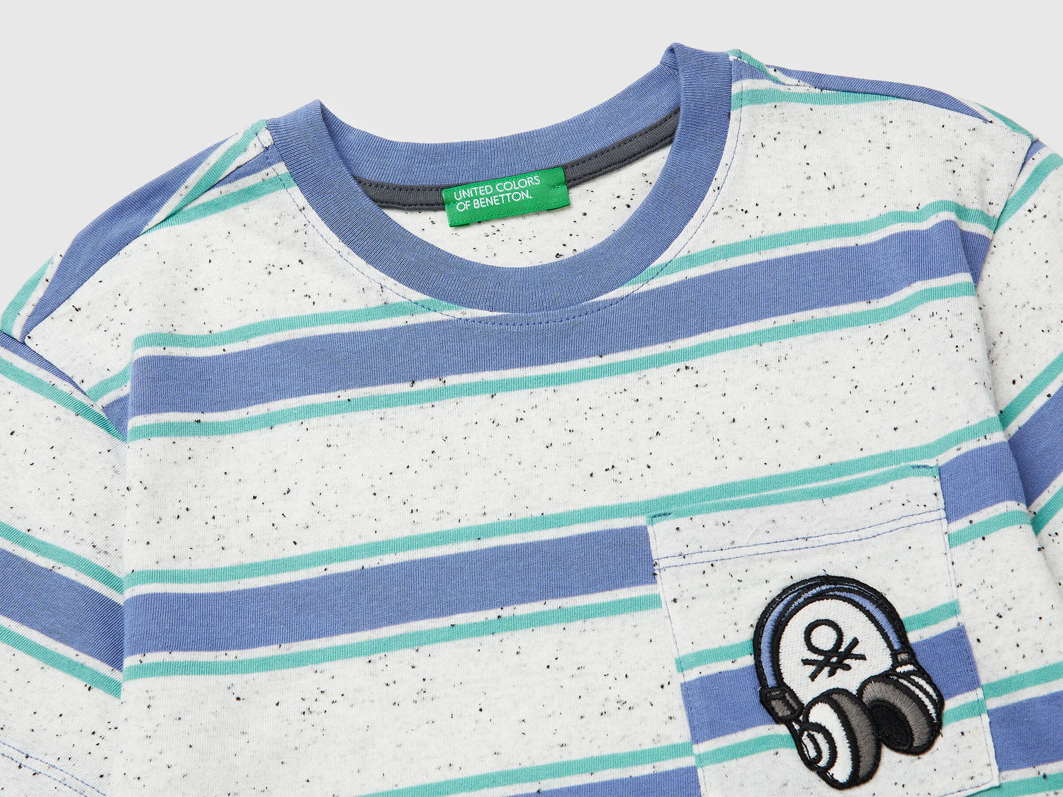 Benetton Light Blue Boys Striped T-Shirt with Patch SKU: 3T52G10MI_903 Image 03