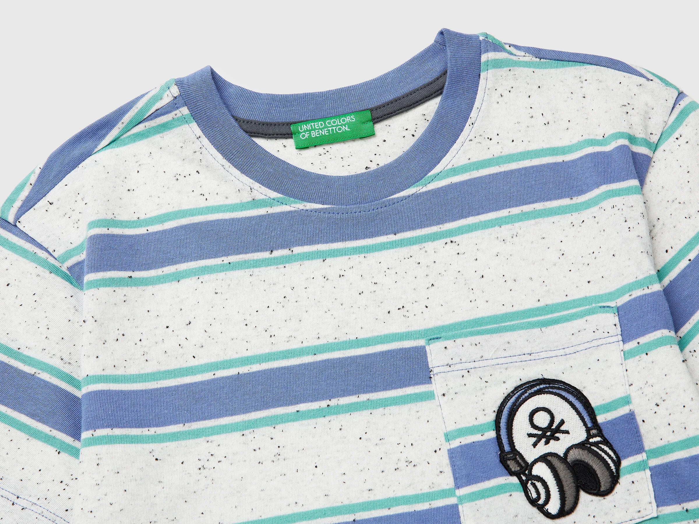 Benetton Light Blue Boys Striped T-Shirt with Patch SKU: 3T52G10MI_903 Image 03