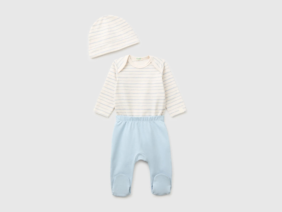 Benetton Sky Blue Unisex Bodysuit, Pants and Cap Set SKU: 3UMRAK01X_903 Image 01