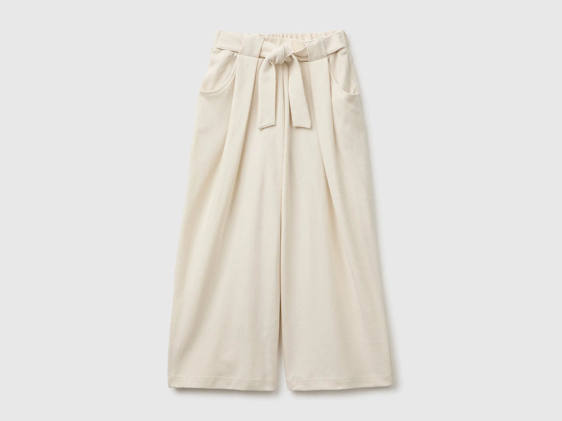 Benetton Creamy White Girls Trousers with Sash in Warm Cotton SKU: 3UODCF06F_00V Image 01