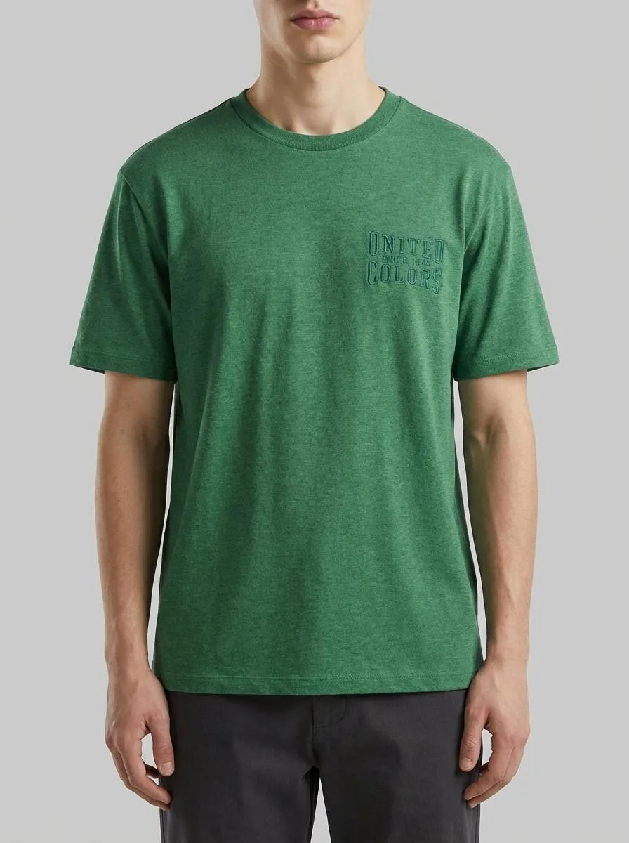 Benetton Green Men Melange T-Shirt with Logo SKU: 3UWFU10BV_6P8 Image 00