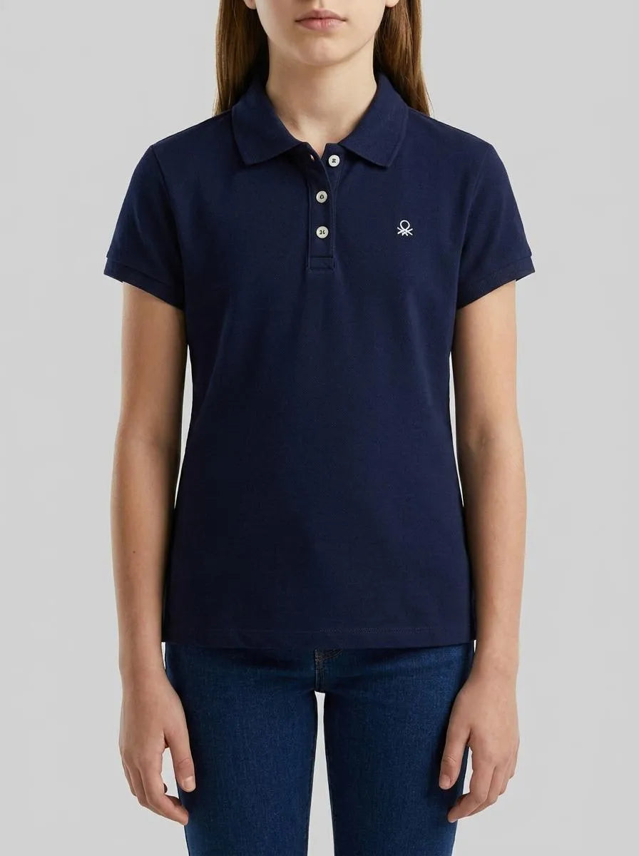 Benetton Dark Blue Girls Short Sleeve Polo in Cotton SKU: 3WG9C300O_252 Image 00