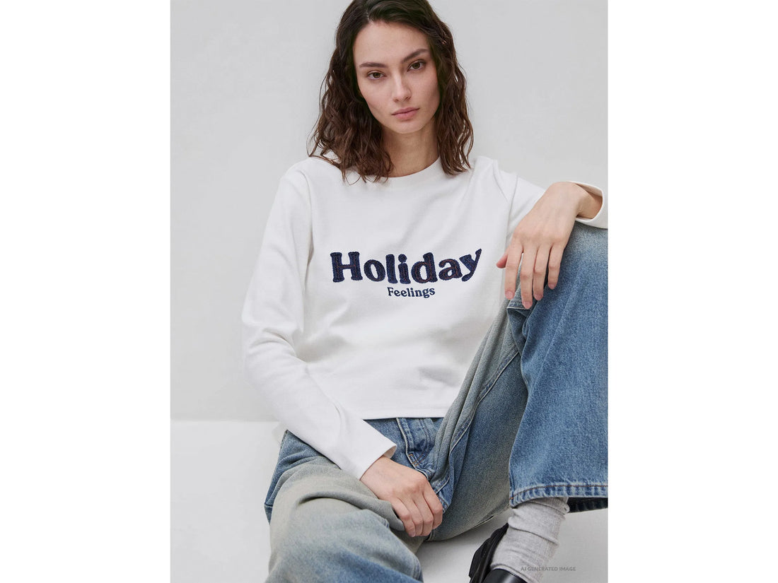 Benetton Creamy White Women Warm Cotton T-Shirt with Slogan SKU: 3WWQD10DQ_074 Image 01
