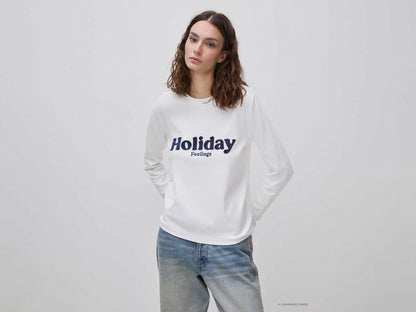 Benetton Creamy White Women Warm Cotton T-Shirt with Slogan SKU: 3WWQD10DQ_074 Image 02