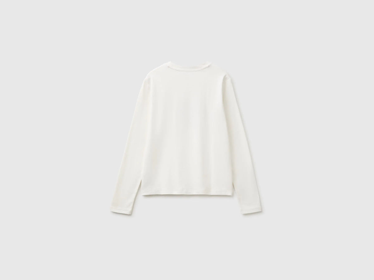 Benetton Creamy White Women Warm Cotton T-Shirt with Slogan SKU: 3WWQD10DQ_074 Image 06