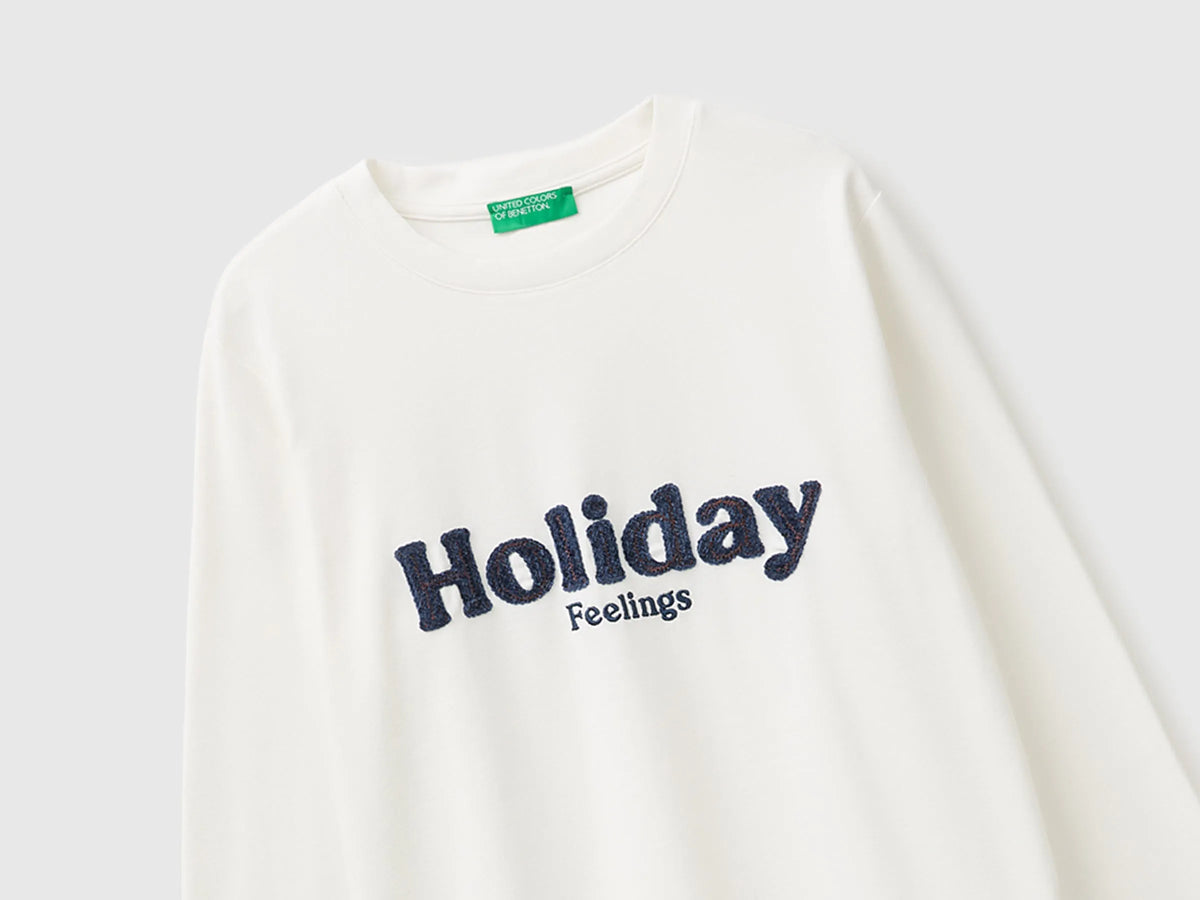 Benetton Creamy White Women Warm Cotton T-Shirt with Slogan SKU: 3WWQD10DQ_074 Image 07