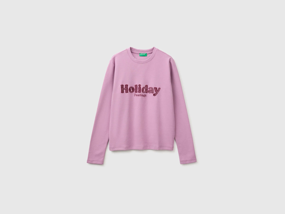 Benetton Soft Pink Women Warm Cotton T-Shirt with Slogan SKU: 3WWQD10DQ_1Y6 Image 01