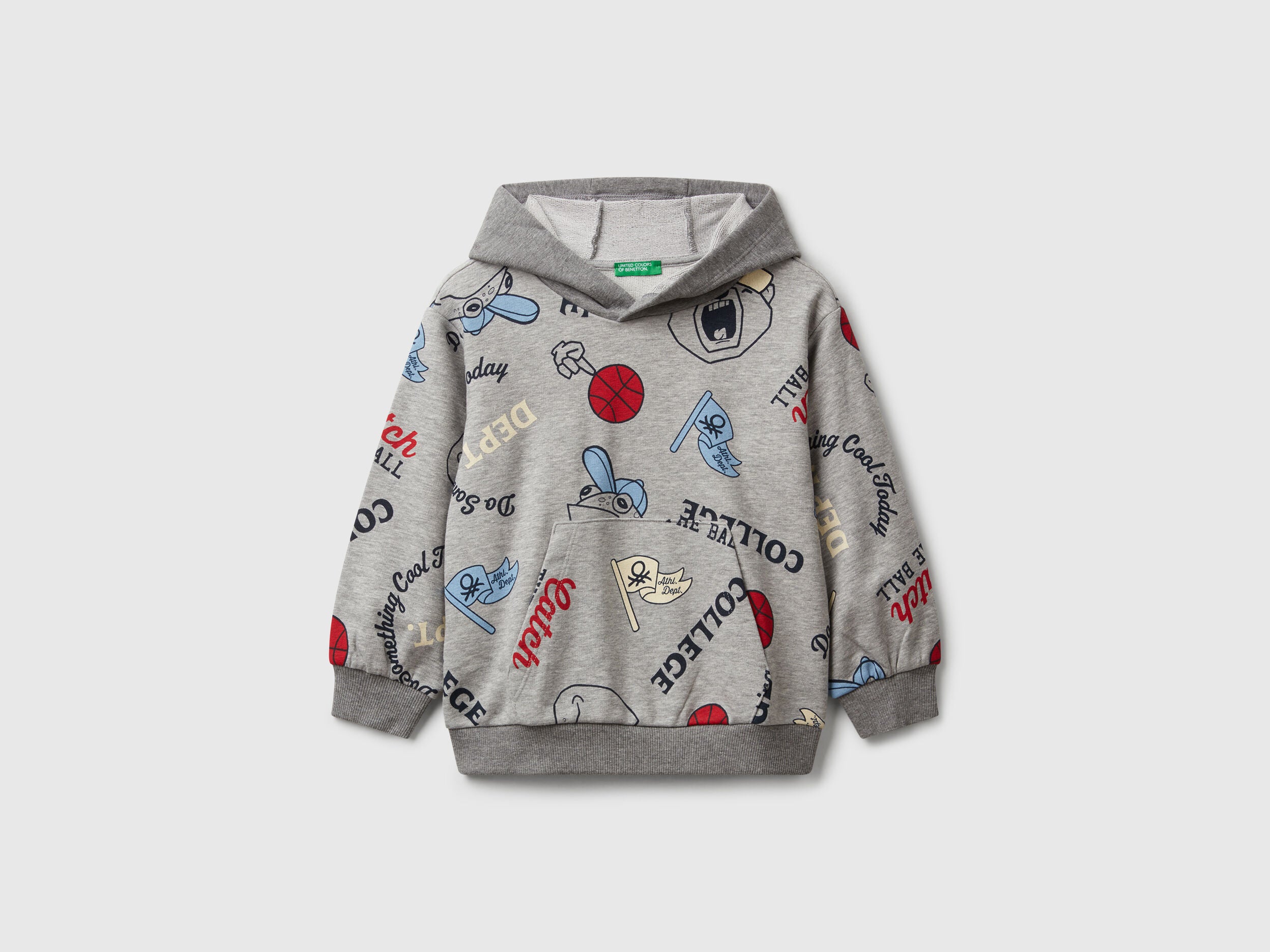 Benetton_Gray_Hoodie with Print in Cotton Blend_3X7YG2017_64E_01
