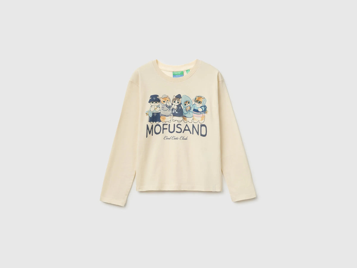 Benetton Creamy White Girls Mofusend 100% Cotton T-Shirt SKU: 3XUGC10UK_00V Image 01