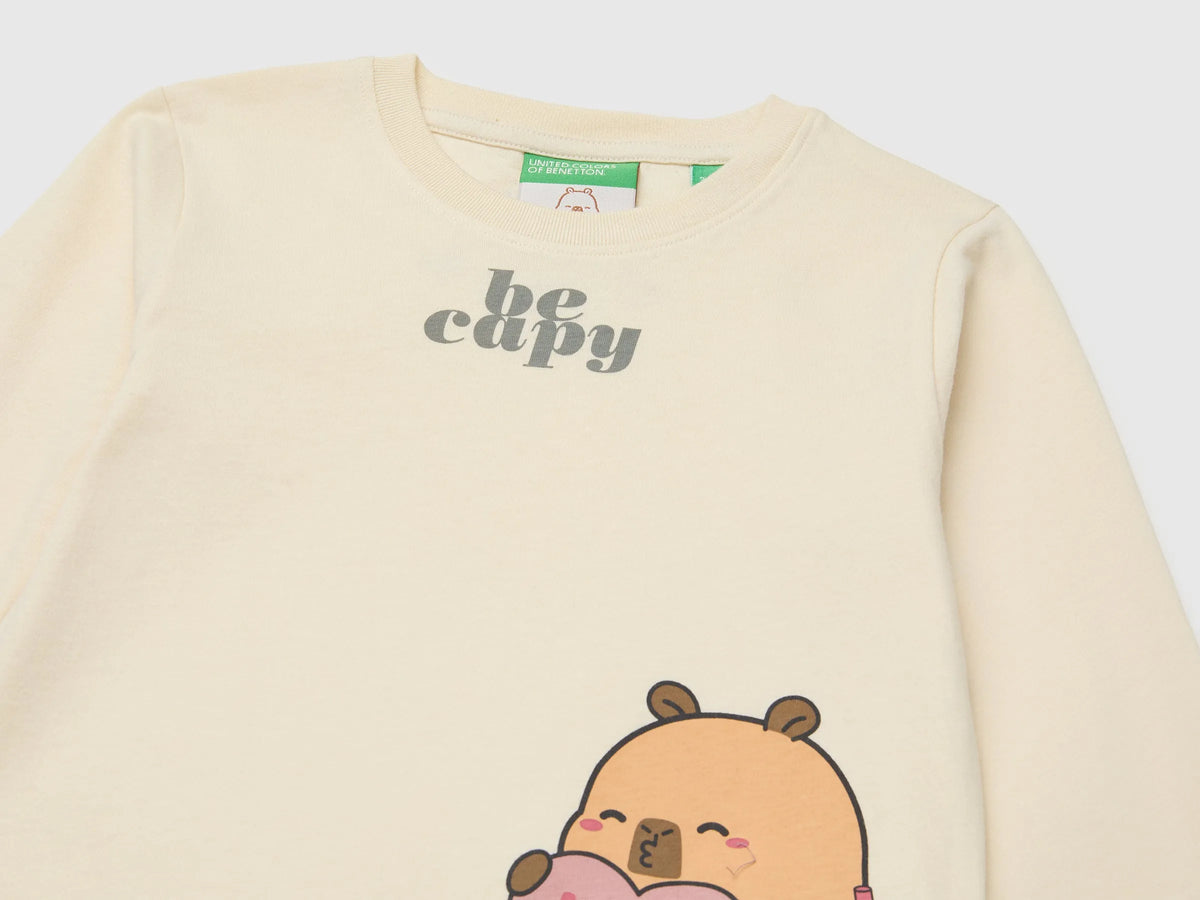 Benetton Creamy White Girls Capyfun Capybara T-Shirt 100% Cotton SKU: 3XUGG10NS_00V Image 03