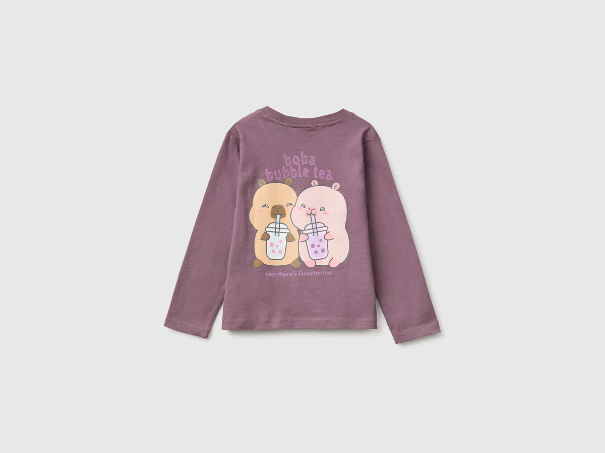 Benetton Plum Girls Capyfun Capybara T-Shirt 100% Cotton SKU: 3XUGG10NS_048 Image 02