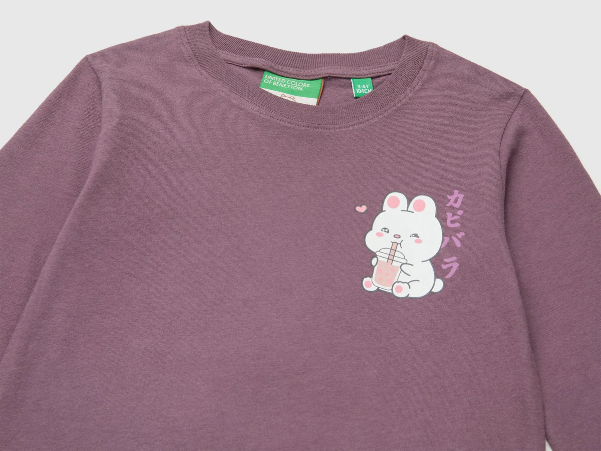 Benetton Plum Girls Capyfun Capybara T-Shirt 100% Cotton SKU: 3XUGG10NS_048 Image 03