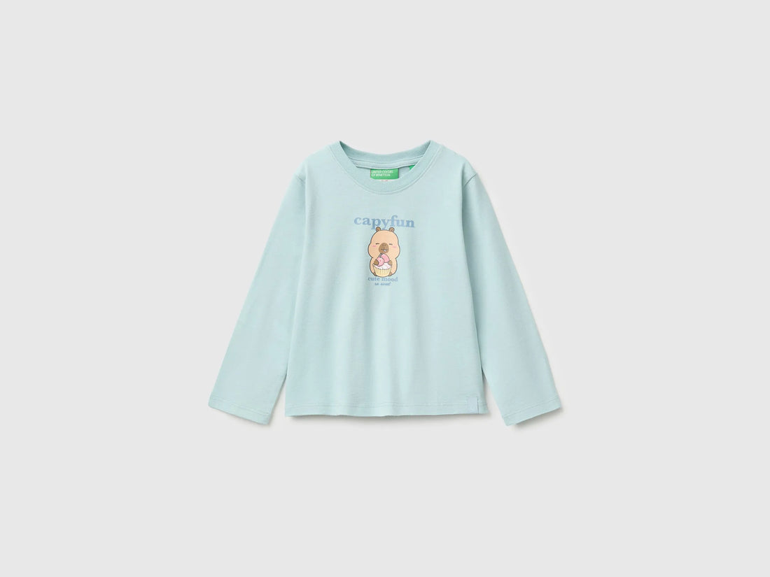 Benetton Aqua Girls Capyfun Capybara T-Shirt 100% Cotton SKU: 3XUGG10NS_31A Image 01