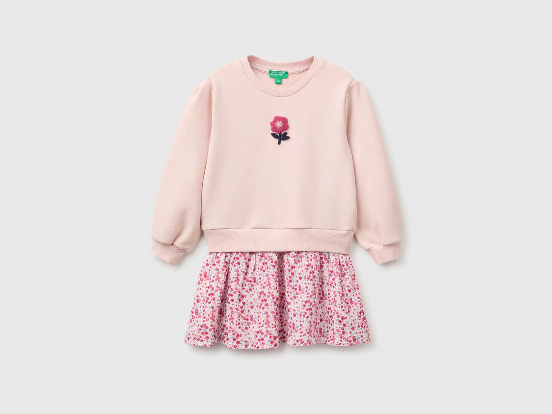 Benetton Soft Pink Girls Dress with Floral Skirt SKU: 3XVUGV02V_08Q Image 01