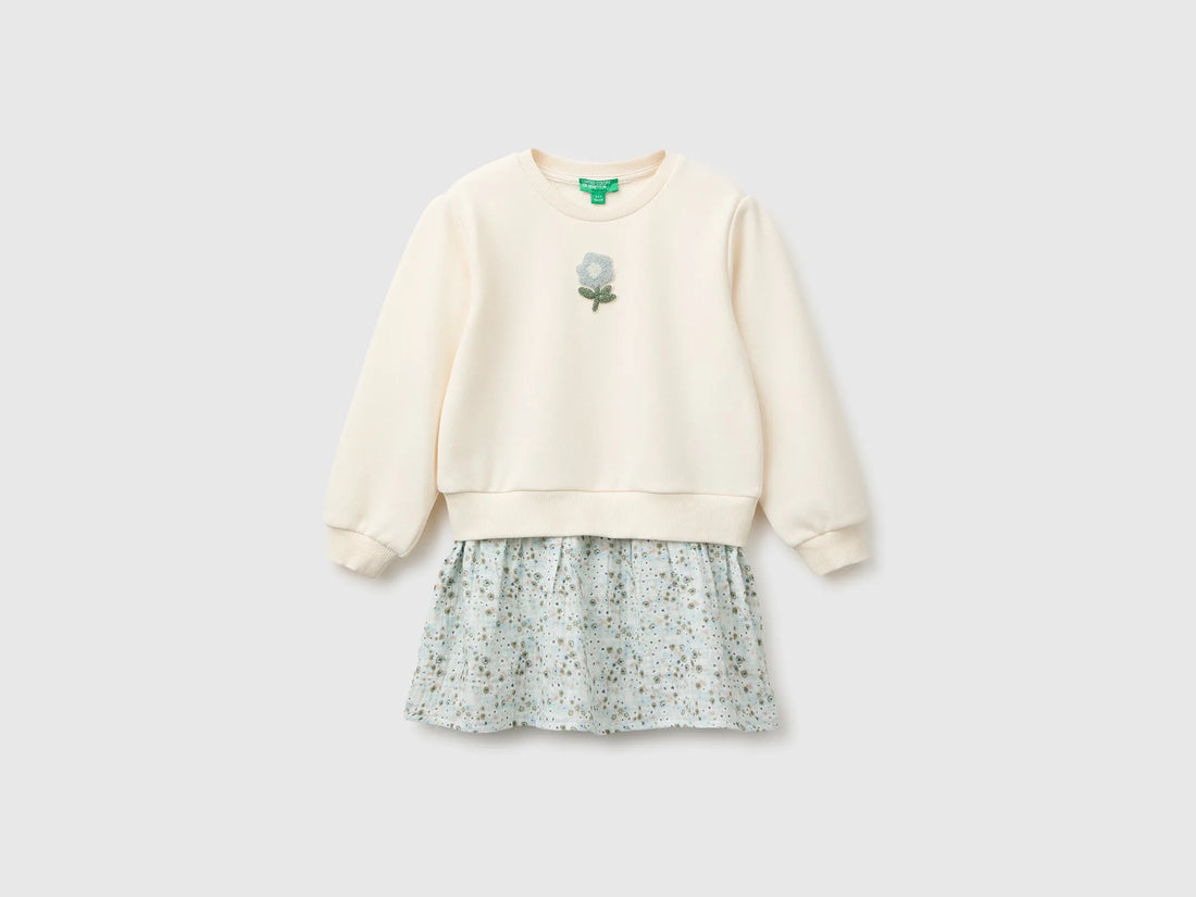 Benetton Creamy White Girls Dress with Floral Skirt SKU: 3XVUGV02V_0R2 Image 01