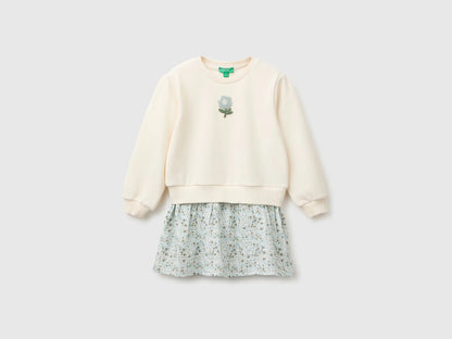 Benetton Creamy White Girls Dress with Floral Skirt SKU: 3XVUGV02V_0R2 Image 01