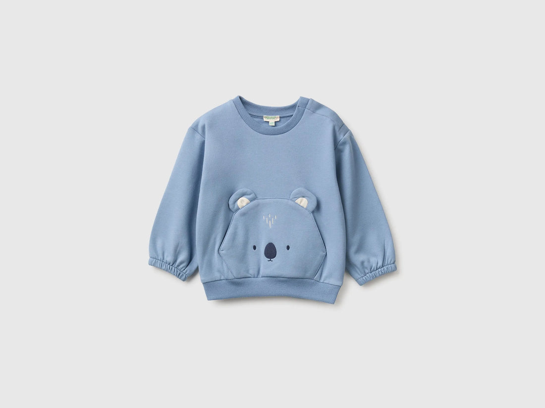 Benetton Light Blue Unisex Sweatshirt with Animal Pocket SKU: 3YWVA107F_09A Image 01