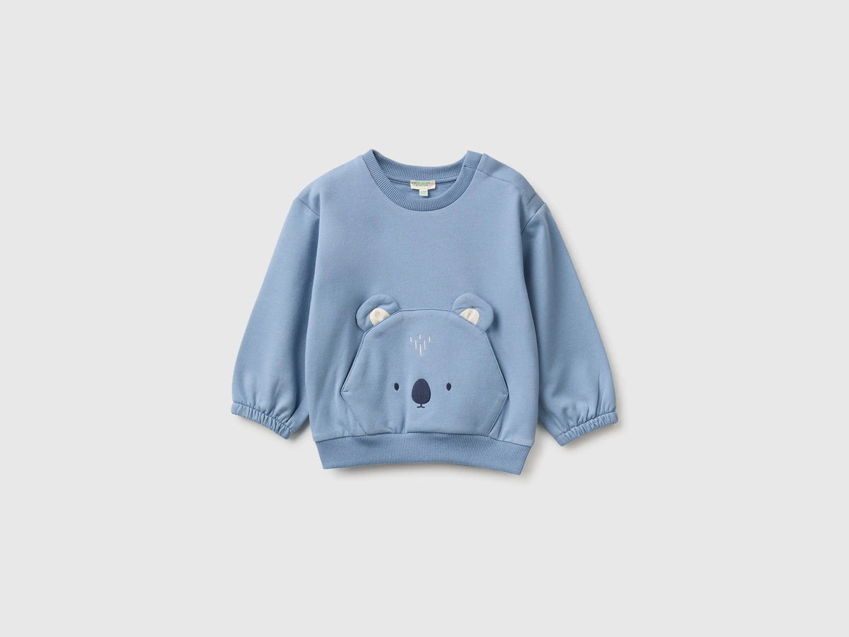 Benetton Light Blue Unisex Sweatshirt with Animal Pocket SKU: 3YWVA107F_09A Image 01