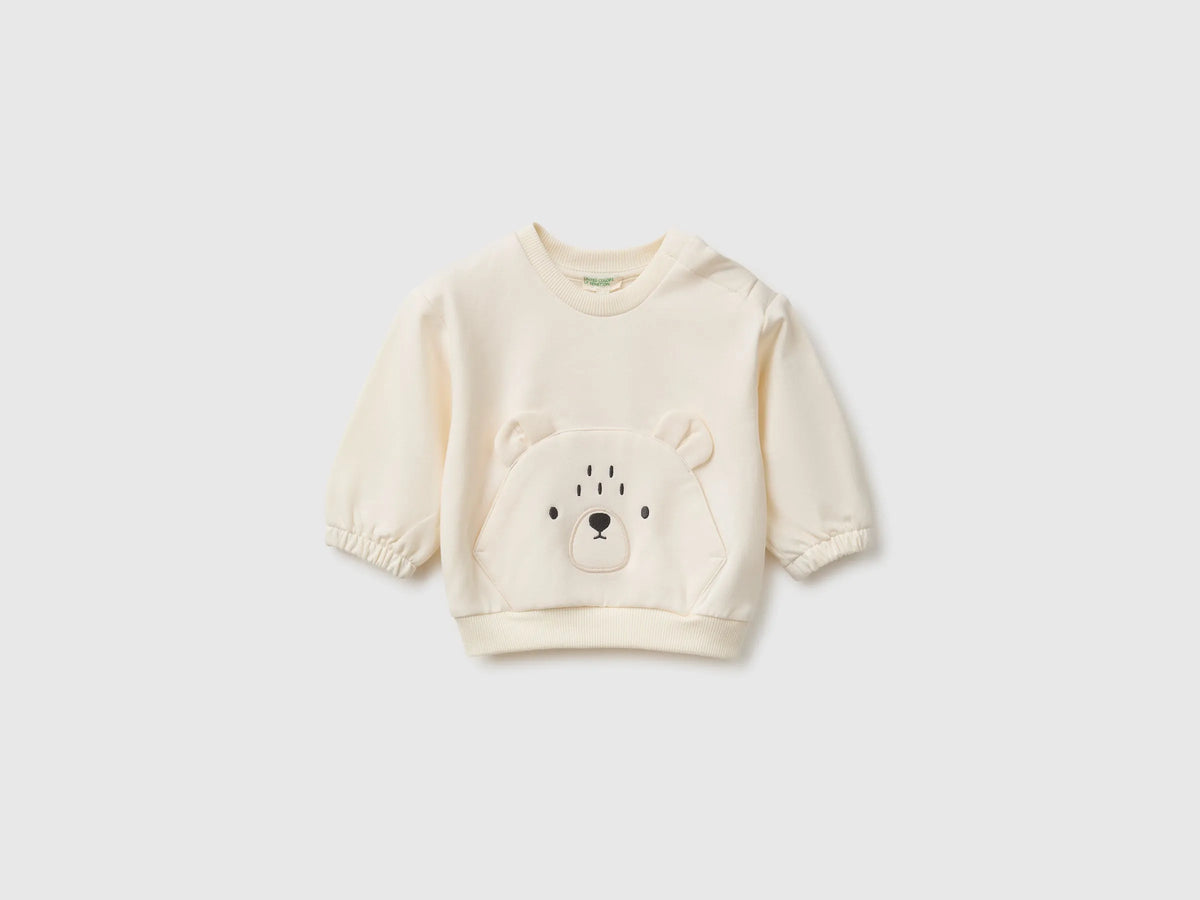 Benetton Creamy White Unisex Sweatshirt with Animal Pocket SKU: 3YWVA107F_0R2 Image 01