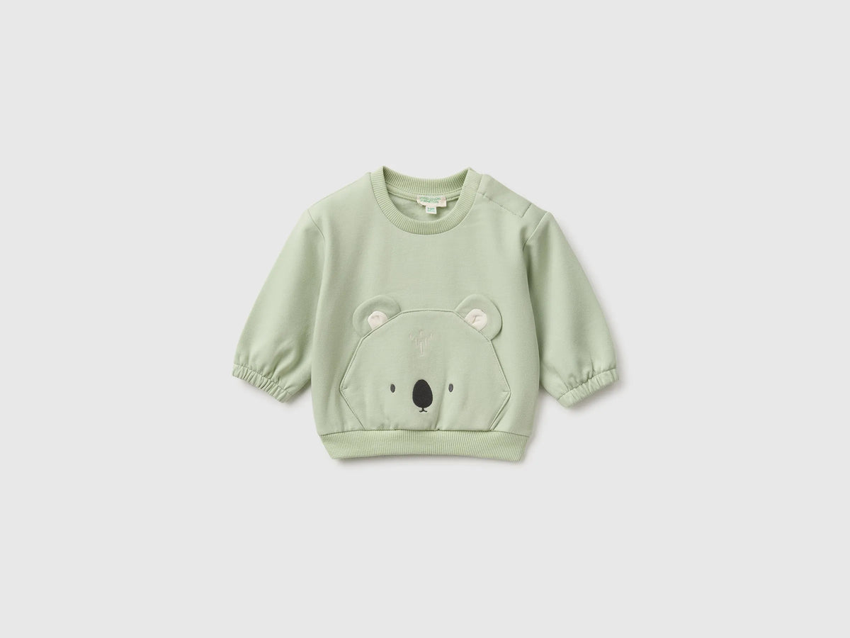 Benetton Light Green Unisex Sweatshirt with Animal Pocket SKU: 3YWVA107F_2G8 Image 01