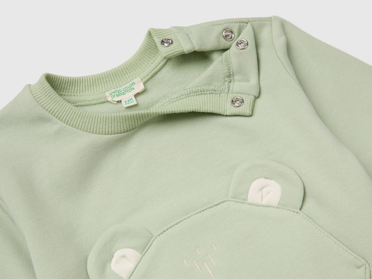 Benetton Light Green Unisex Sweatshirt with Animal Pocket SKU: 3YWVA107F_2G8 Image 03