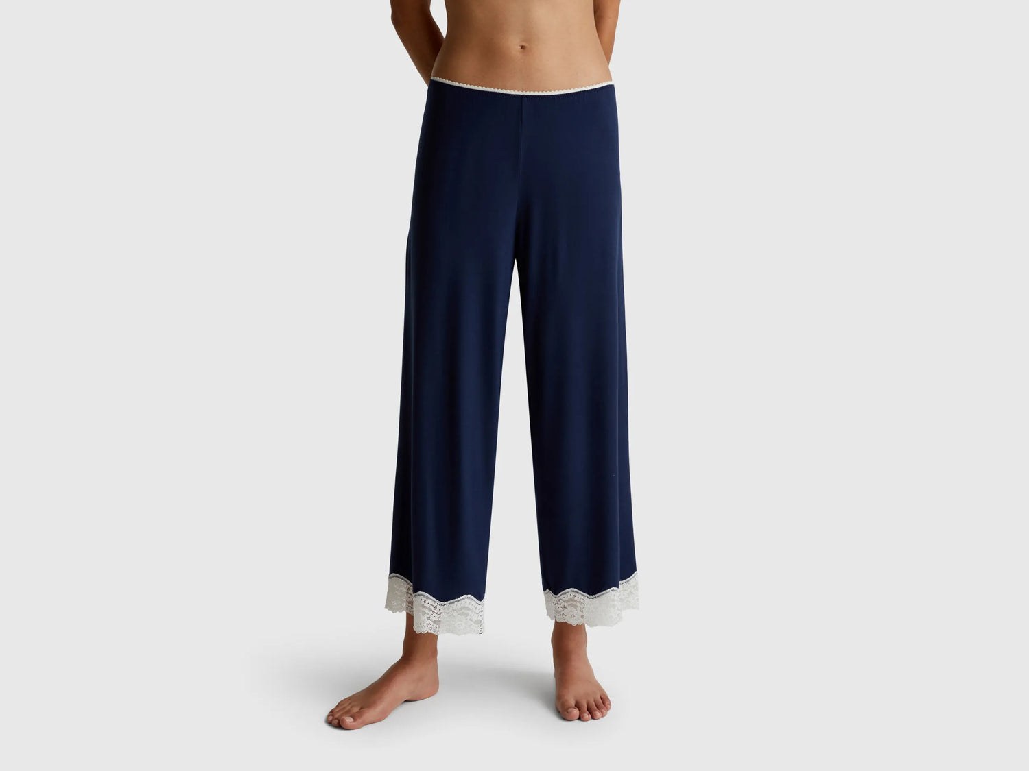 Benetton Dark Blue Women Flowy 3/4 Trousers with Lace SKU: 3Z123F370_13C Image 02