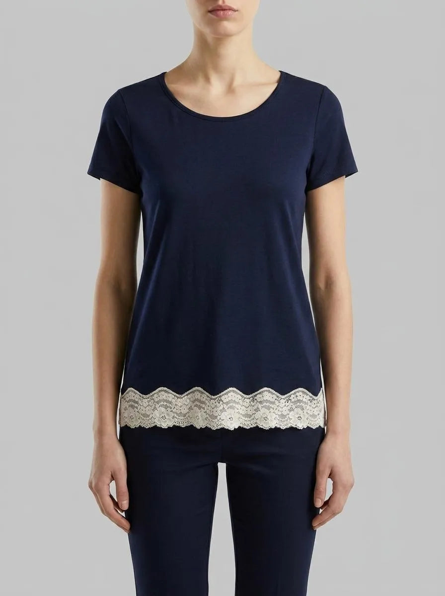 Benetton Dark Blue Women Short Sleeve Top with Lace SKU: 3Z123M314_13C Image 00