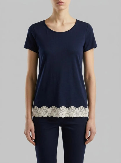 Benetton Dark Blue Women Short Sleeve Top with Lace SKU: 3Z123M314_13C Image 00