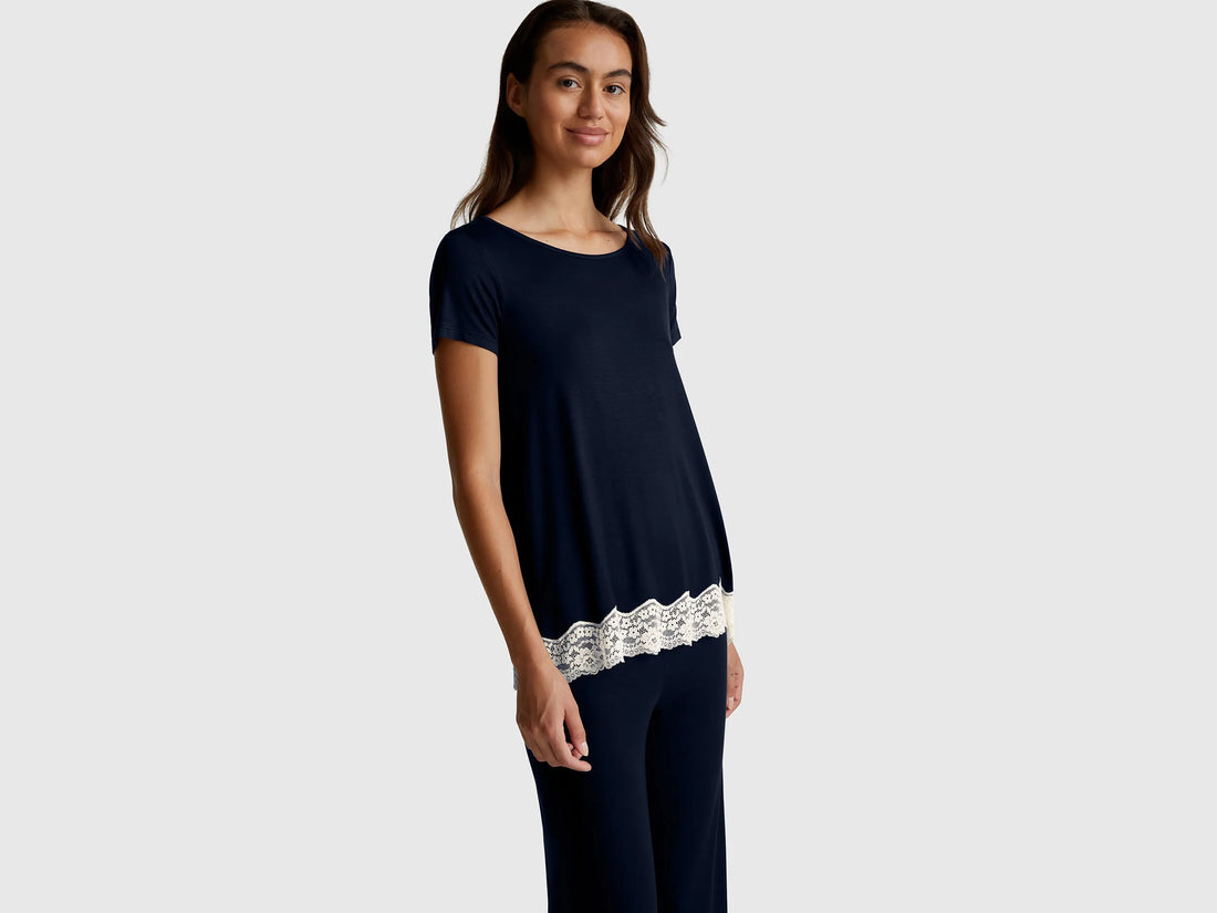 Benetton Dark Blue Women Short Sleeve Top with Lace SKU: 3Z123M314_13C Image 01