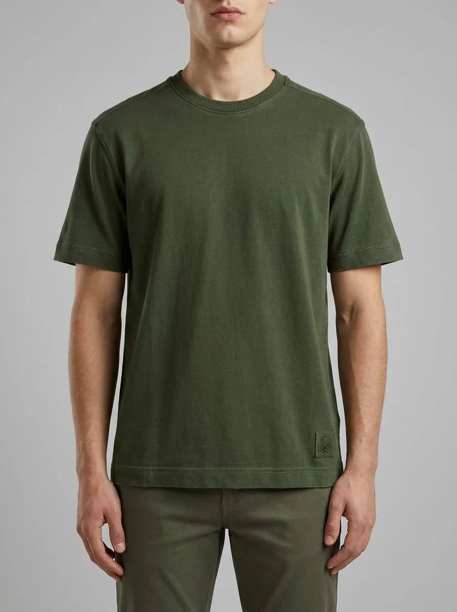 Benetton Military Green Men Pigment Dyed T-Shirt SKU: 3ZITU1098_6P8 Image 00