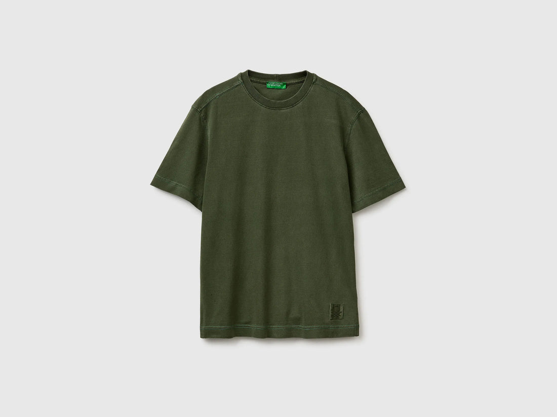 Benetton Military Green Men Pigment Dyed T-Shirt SKU: 3ZITU1098_6P8 Image 01