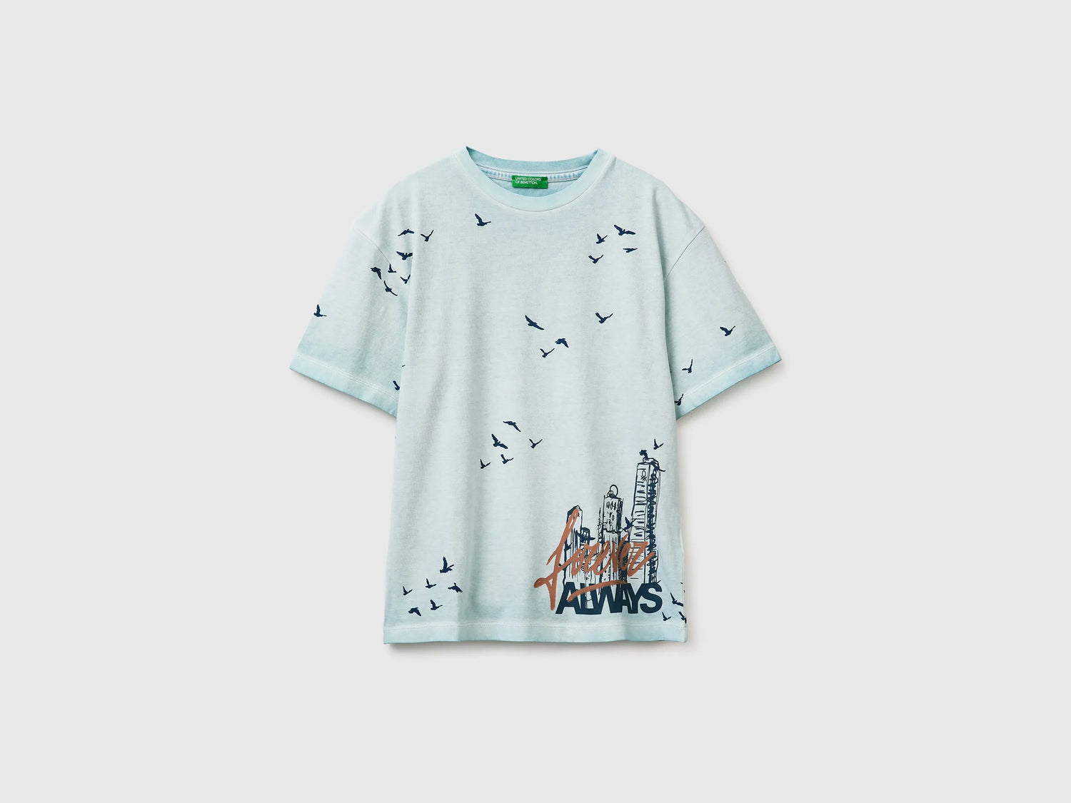 Benetton Light Blue Boys Oversized T-Shirt with Print SKU: 3ZRXC10SL_901 Image 01