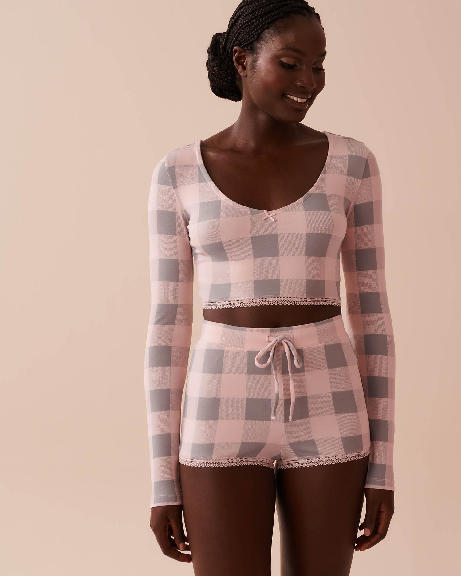 Pink Plaid Super Soft Long Sleeve Crop Top_40100644_P60297_01