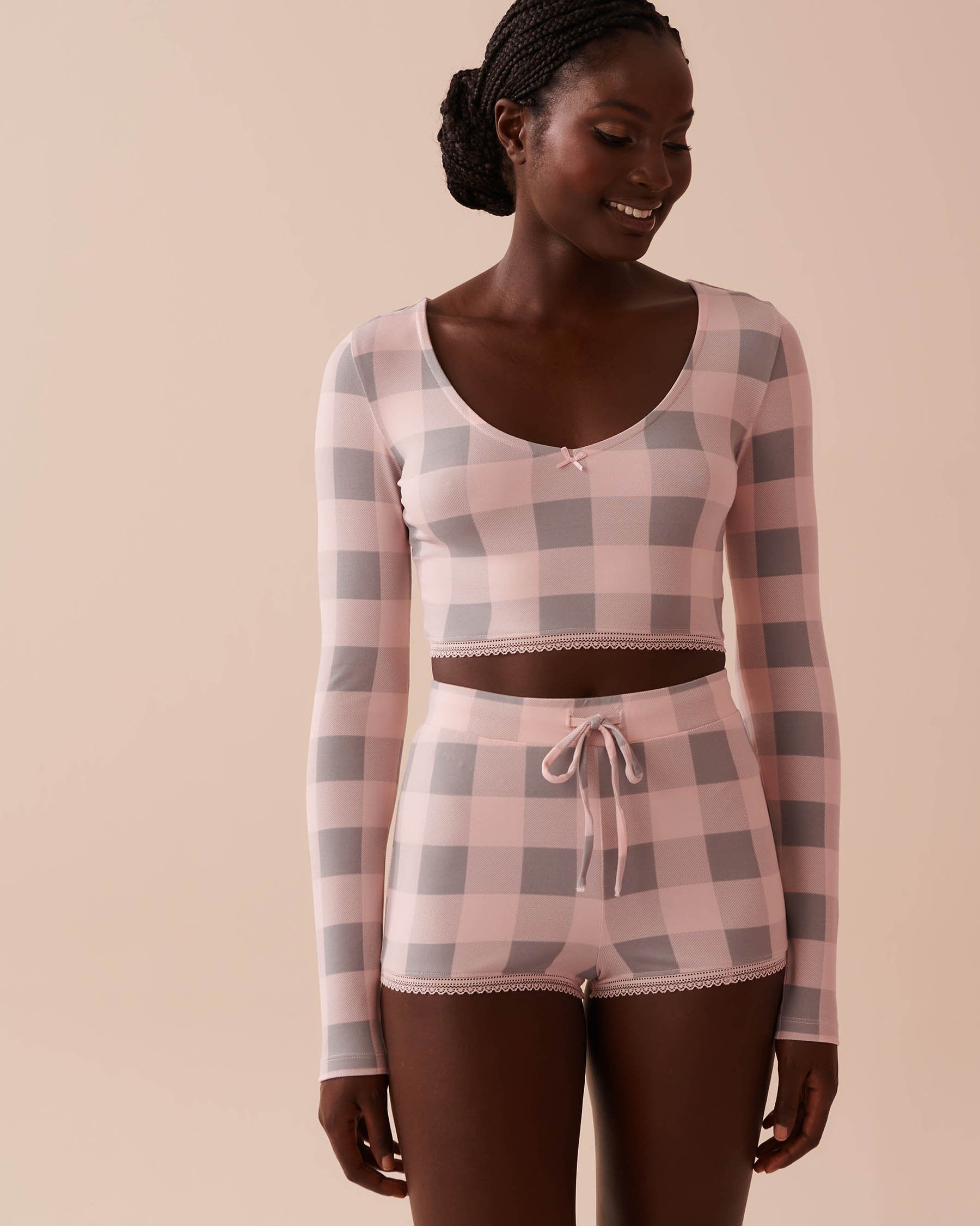 Pink Plaid Super Soft Long Sleeve Crop Top_40100644_P60297_01