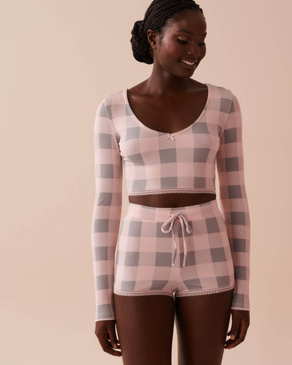 Pink Plaid Super Soft Long Sleeve Crop Top_40100644_P60297_01