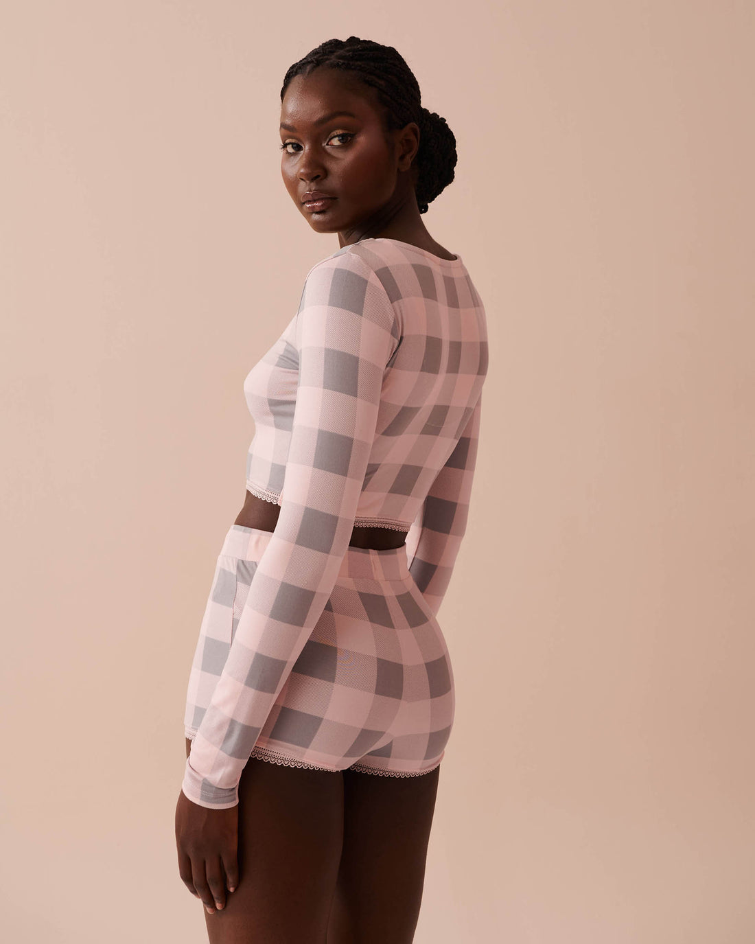 Pink Plaid Super Soft Long Sleeve Crop Top_40100644_P60297_02