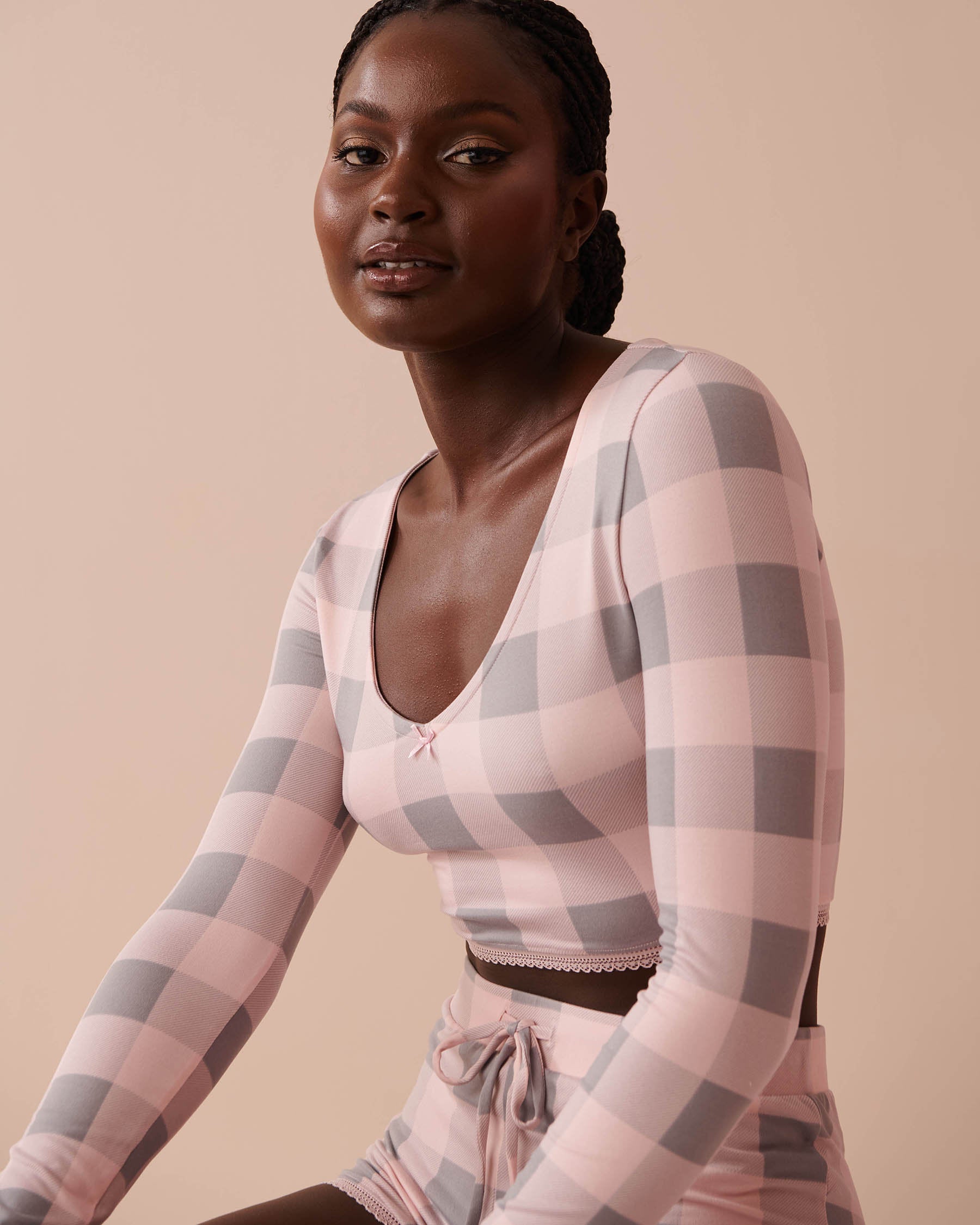 Pink Plaid Super Soft Long Sleeve Crop Top_40100644_P60297_03