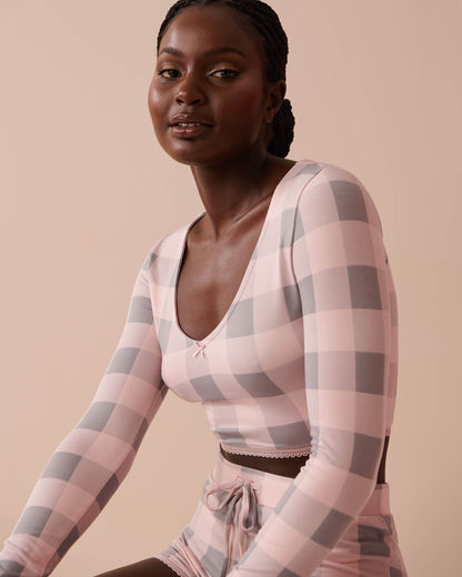 Pink Plaid Super Soft Long Sleeve Crop Top_40100644_P60297_03