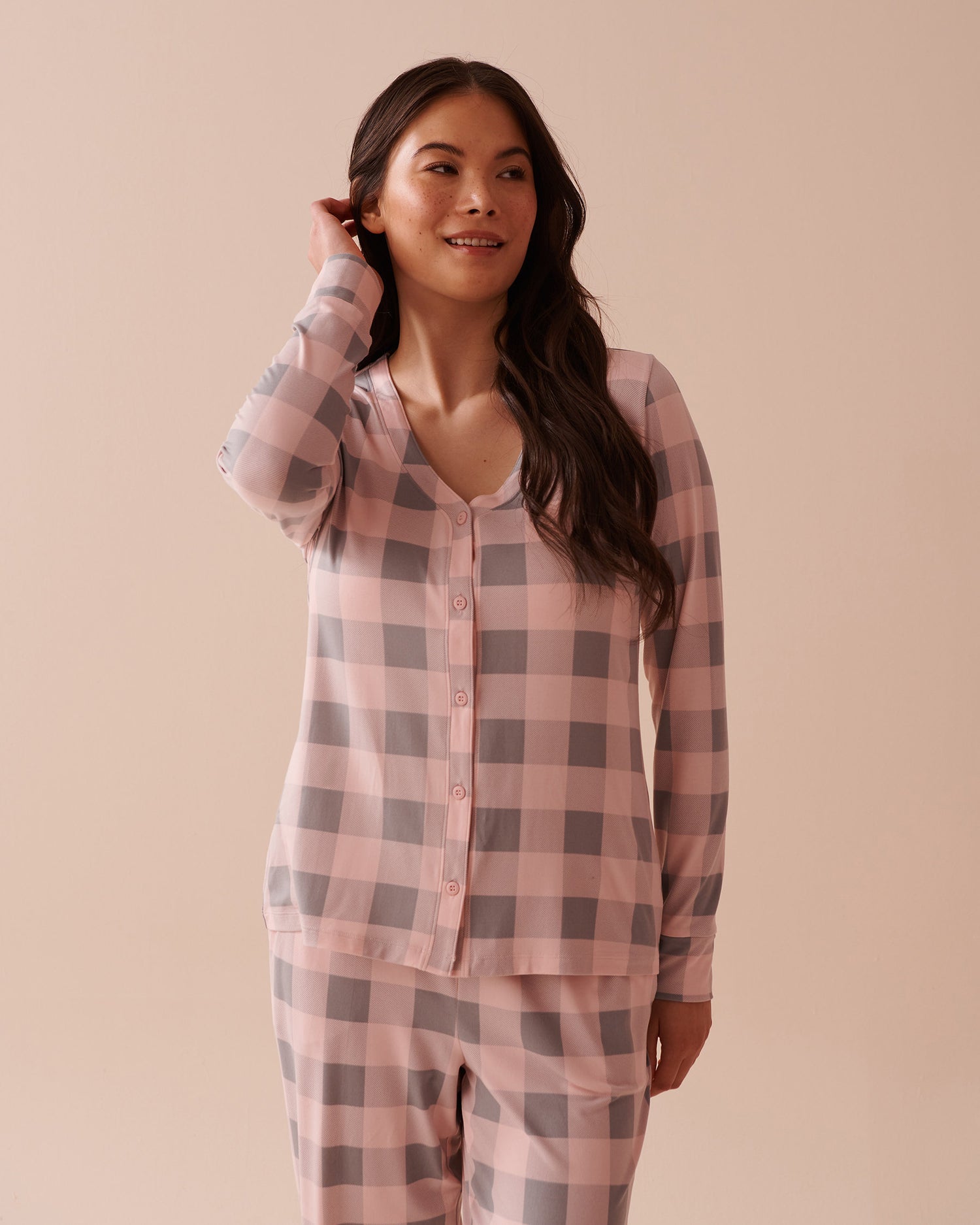 Pink Plaid Super Soft V-neck Button-front Top_40100645_P60297_03