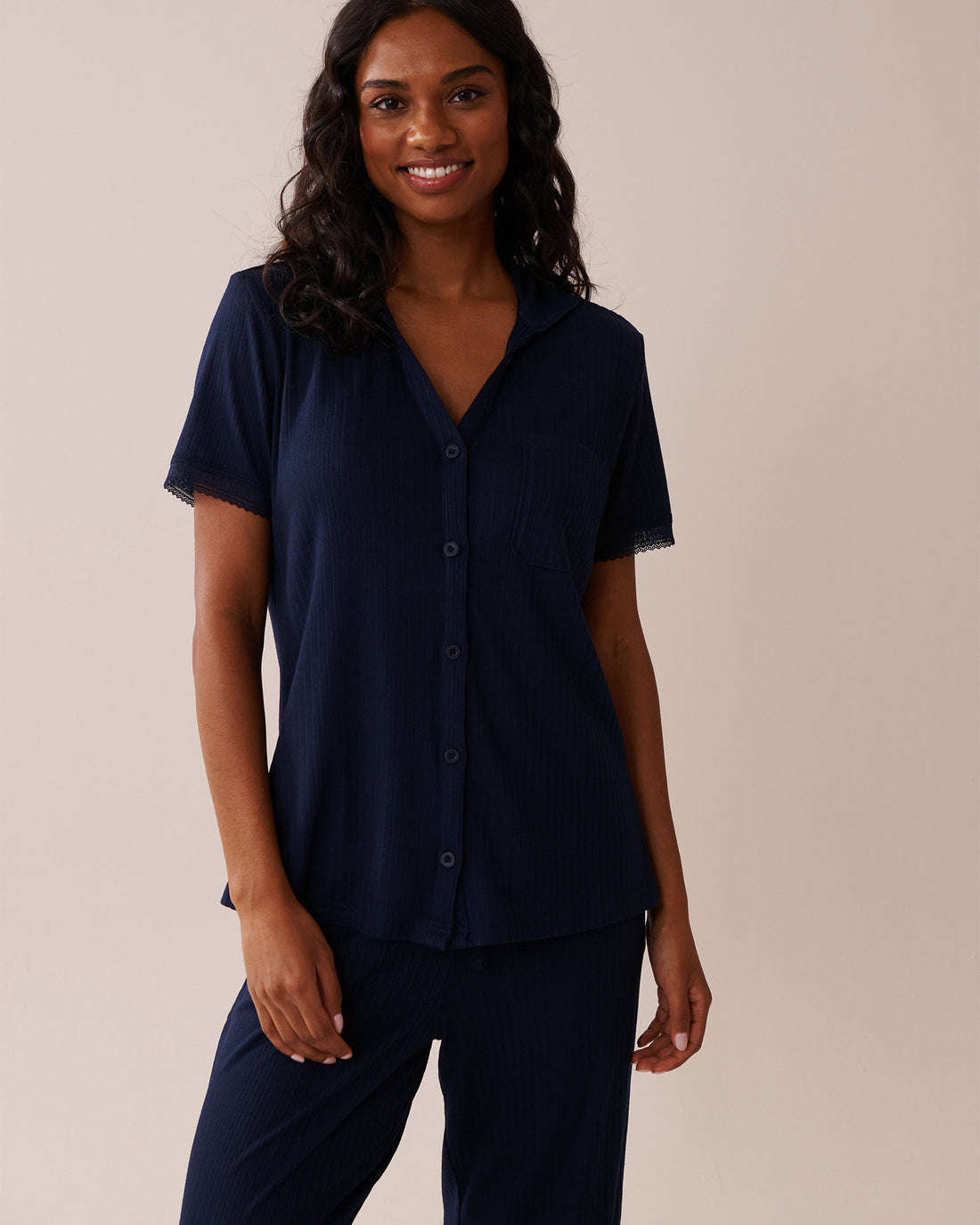 La Vie en Rose_Lace Trim Ribbed Jersey Button-Down Shirt_40100704_40099_01