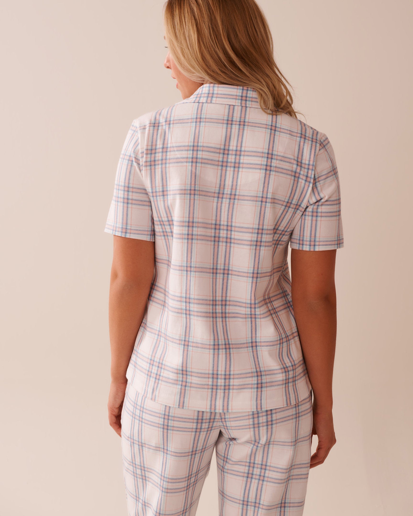 La Vie en Rose_Peach Plaid Cotton Button-down Shirt_40100725_P60359_02