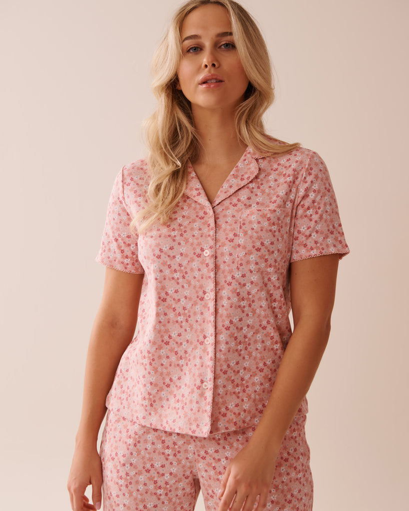 La Vie en Rose_Peachskin Ditsy_Ditsy Floral Print Ribbed Short Sleeve Button-Down_40100732_P60360_01