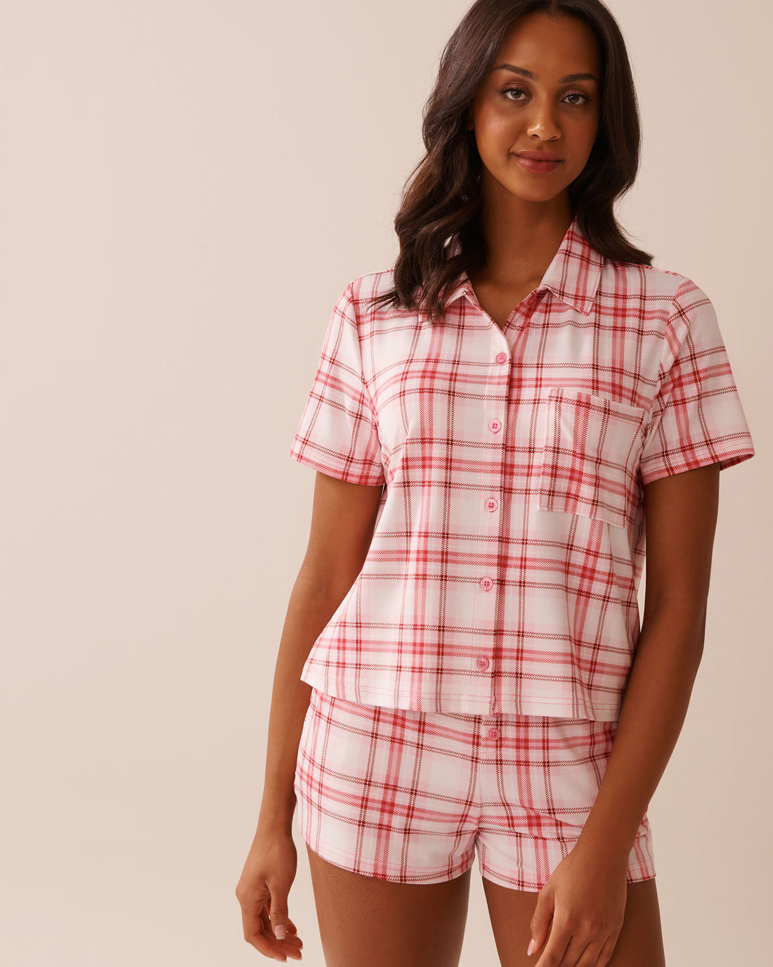 La Vie en Rose_Parfait Pink Plaid_Pink Plaid Super Soft Button-Down Shirt_40100753_P60388_01