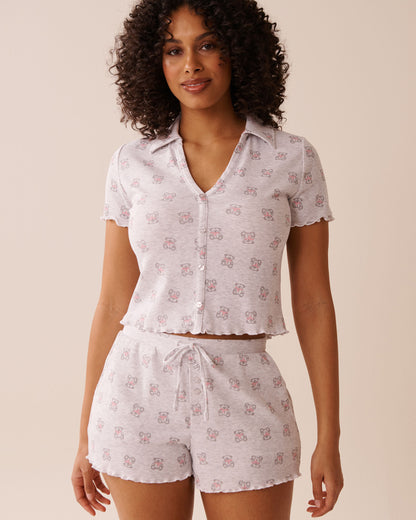 La Vie en Rose_Comfy Light Grey Mix Cowbears_Teddy Bear Print Ribbed Short Sleeve Button-Down Shirt_40100758_P00433_01