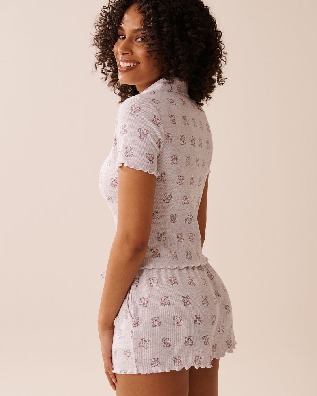 La Vie en Rose_Comfy Light Grey Mix Cowbears_Teddy Bear Print Ribbed Short Sleeve Button-Down Shirt_40100758_P00433_02