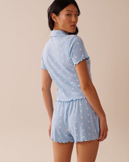 La Vie en Rose_Powder Blue Crown_Crown Print Ribbed Short Sleeve Button-Down Shirt_40100758_P40468_02